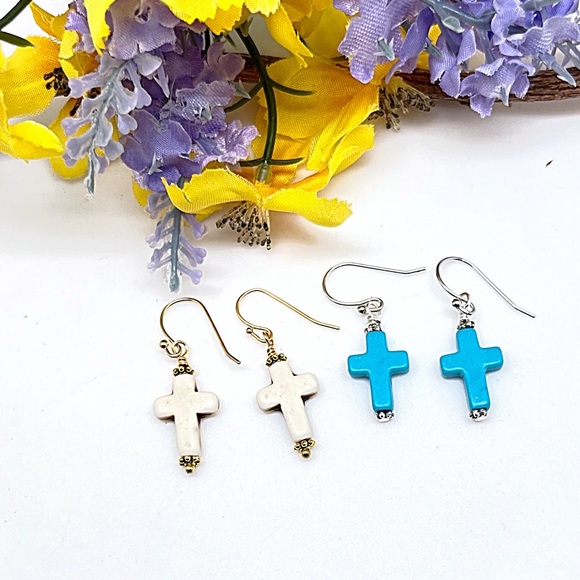 Small Turquoise or Soft White Cross Dangle Earrings, 1 3/8” Long, NWT, Gift Box - Picture 2 of 6